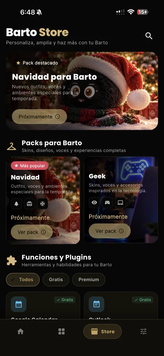 La Barto Store en el teléfono, con el pack de Navidad y la lista de plugins
