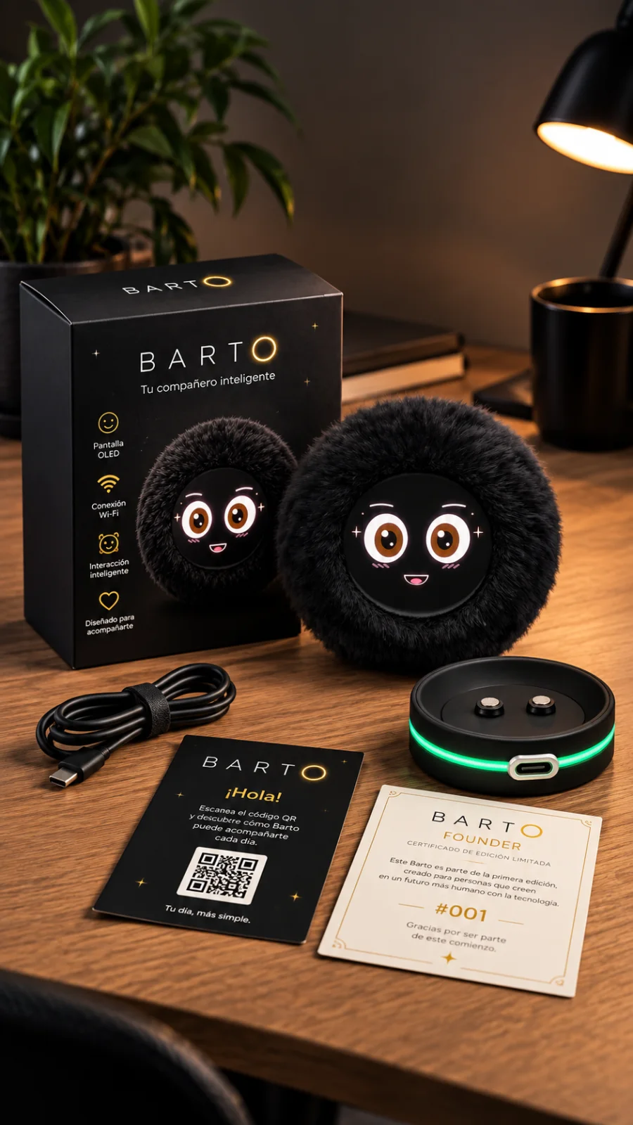 La caja de Barto abierta sobre un escritorio, con Barto, la base de carga, el cable USB-C, la tarjeta de bienvenida y el certificado Founder numerado