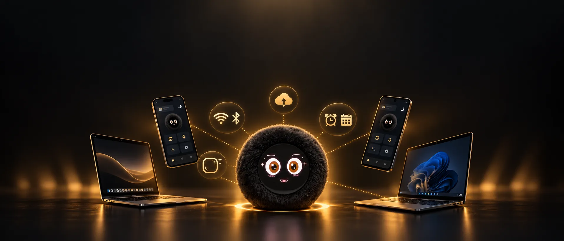 Barto en el centro, conectado por Wi-Fi y Bluetooth a la app en iPhone, Android, Mac y Windows, con alarmas y calendario que funcionan sin internet y actualizaciones por el aire